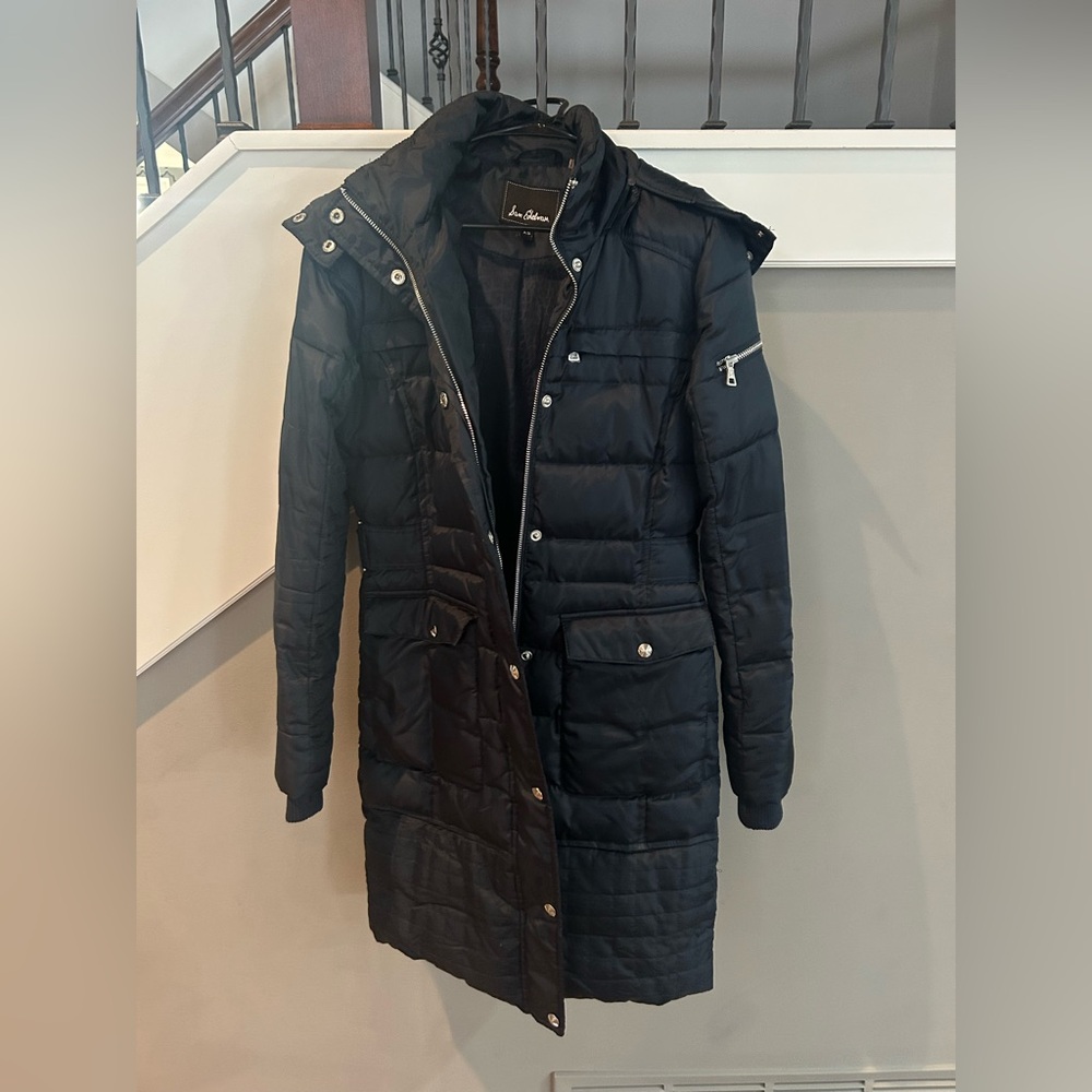 Sam Edelman Long Black Quilted Puffer Coat with Hood